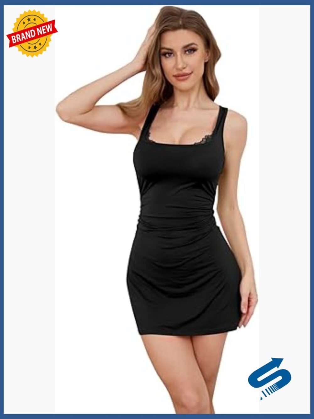 Wide Strap Square Neck Satin Mini Dress Lace Trim Slip Cami